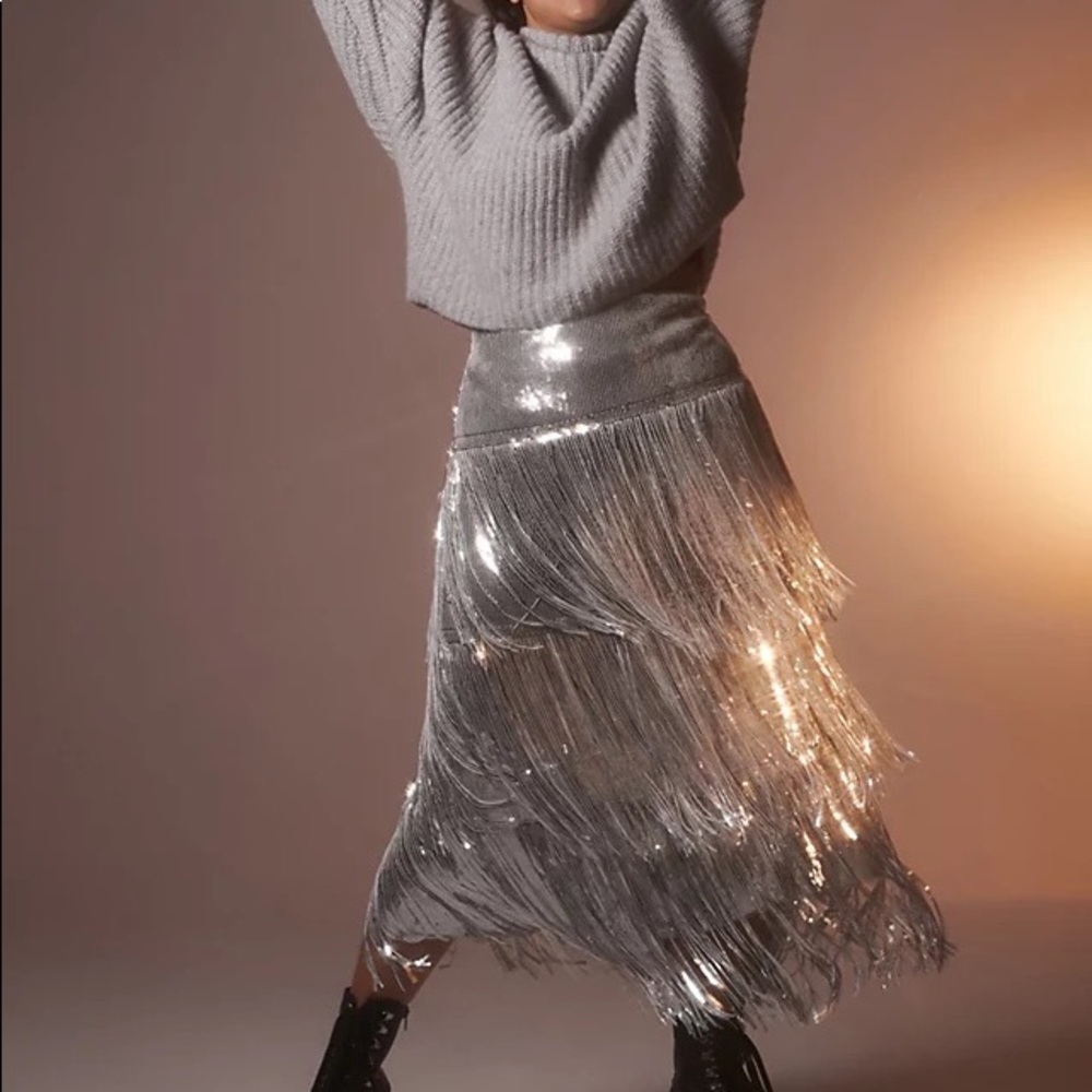 Silver anthro fringe sequin skirt